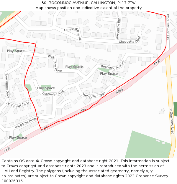 50, BOCONNOC AVENUE, CALLINGTON, PL17 7TW: Location map and indicative extent of plot