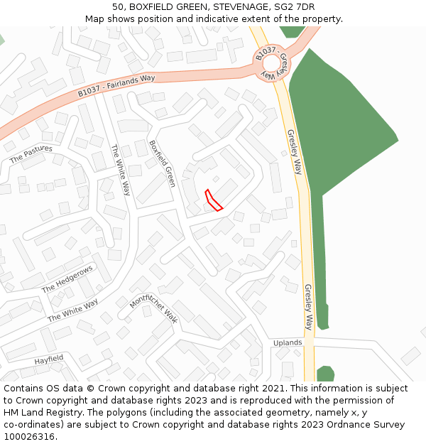50, BOXFIELD GREEN, STEVENAGE, SG2 7DR: Location map and indicative extent of plot