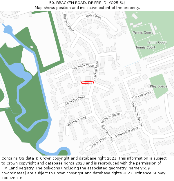 50, BRACKEN ROAD, DRIFFIELD, YO25 6UJ: Location map and indicative extent of plot