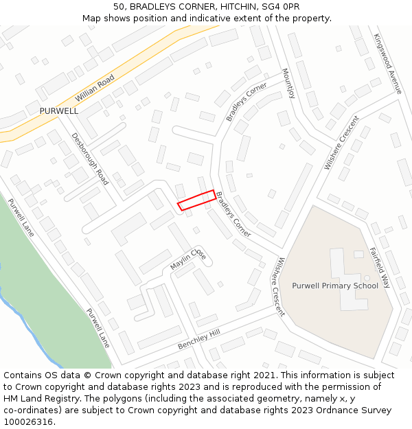 50, BRADLEYS CORNER, HITCHIN, SG4 0PR: Location map and indicative extent of plot
