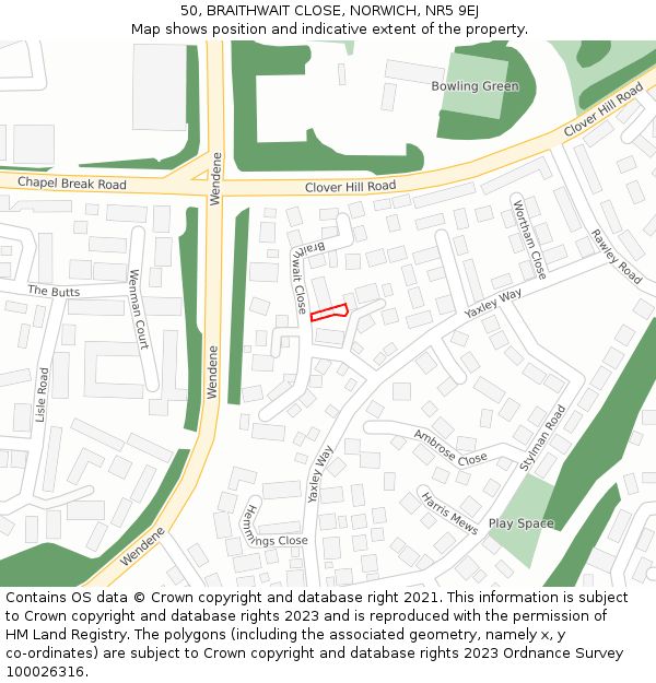 50, BRAITHWAIT CLOSE, NORWICH, NR5 9EJ: Location map and indicative extent of plot