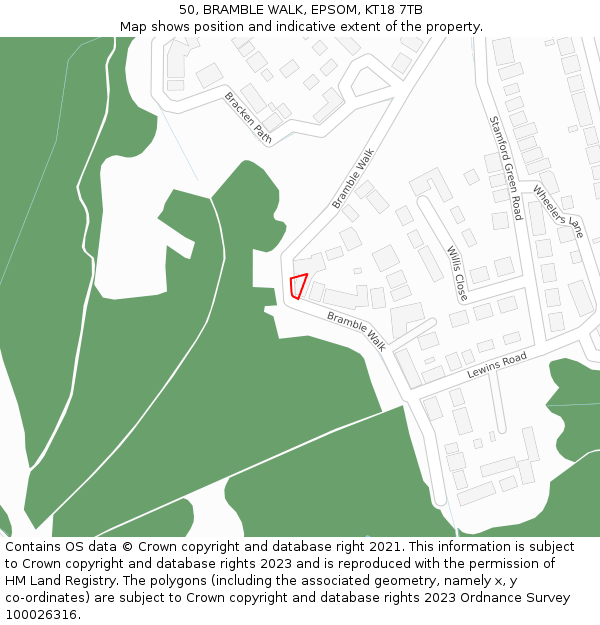 50, BRAMBLE WALK, EPSOM, KT18 7TB: Location map and indicative extent of plot