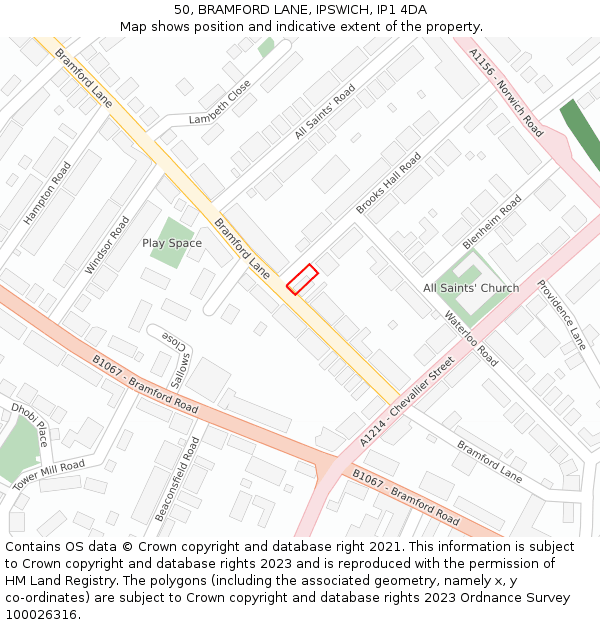 50, BRAMFORD LANE, IPSWICH, IP1 4DA: Location map and indicative extent of plot
