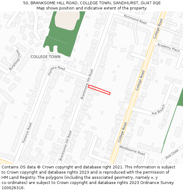 50, BRANKSOME HILL ROAD, COLLEGE TOWN, SANDHURST, GU47 0QE: Location map and indicative extent of plot