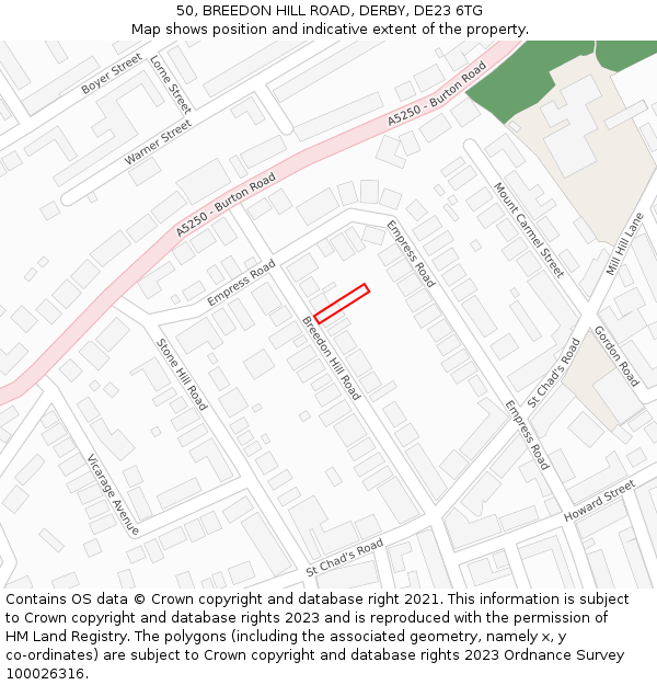 50, BREEDON HILL ROAD, DERBY, DE23 6TG: Location map and indicative extent of plot