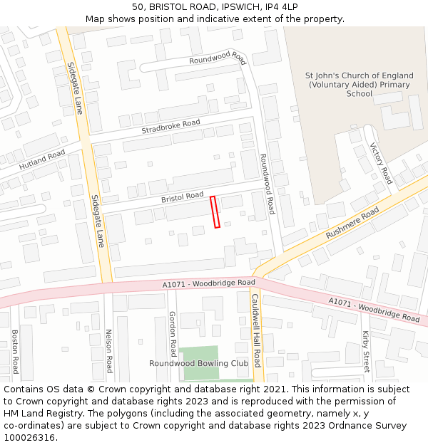 50, BRISTOL ROAD, IPSWICH, IP4 4LP: Location map and indicative extent of plot