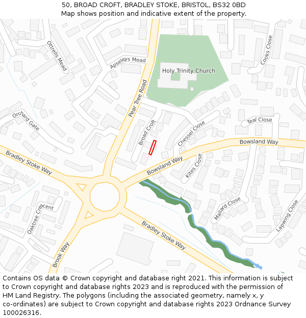 50, BROAD CROFT, BRADLEY STOKE, BRISTOL, BS32 0BD: Location map and indicative extent of plot