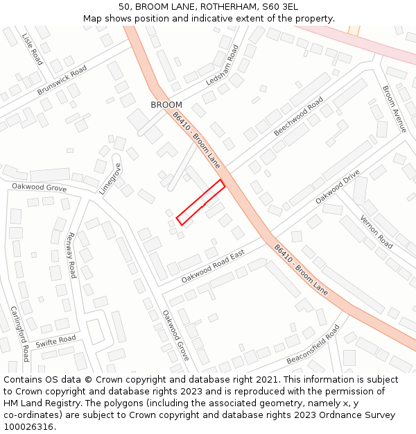 50, BROOM LANE, ROTHERHAM, S60 3EL: Location map and indicative extent of plot