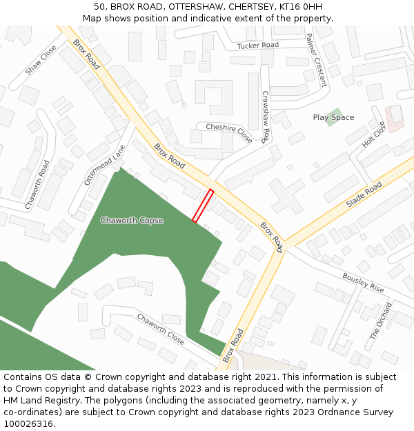 50, BROX ROAD, OTTERSHAW, CHERTSEY, KT16 0HH: Location map and indicative extent of plot