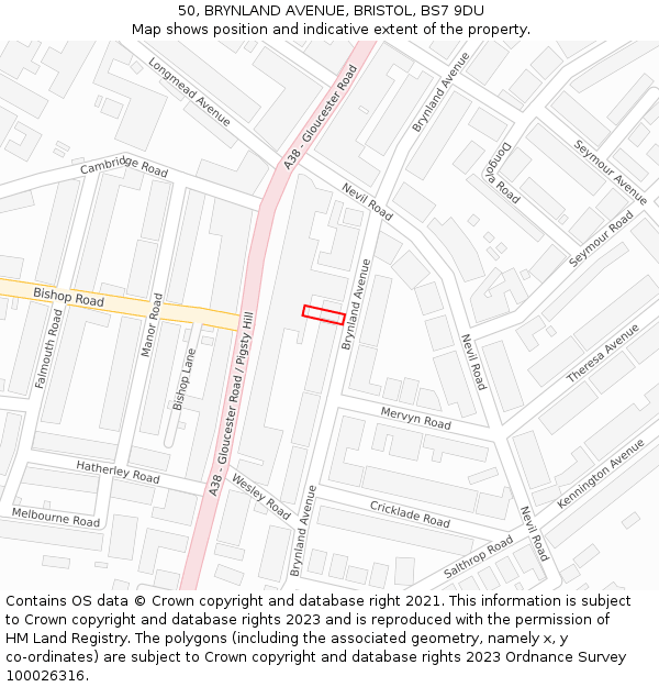 50, BRYNLAND AVENUE, BRISTOL, BS7 9DU: Location map and indicative extent of plot