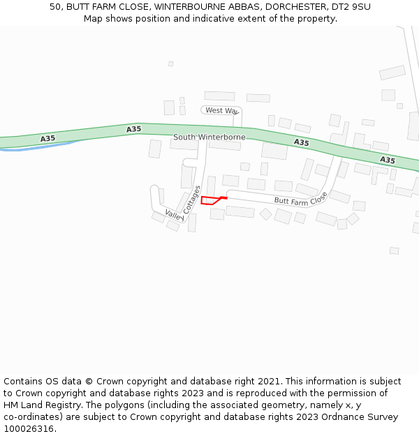 50, BUTT FARM CLOSE, WINTERBOURNE ABBAS, DORCHESTER, DT2 9SU: Location map and indicative extent of plot