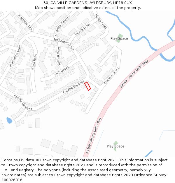 50, CALVILLE GARDENS, AYLESBURY, HP18 0UX: Location map and indicative extent of plot