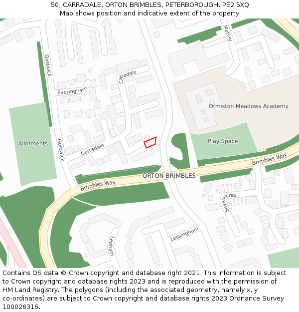 50, CARRADALE, ORTON BRIMBLES, PETERBOROUGH, PE2 5XQ: Location map and indicative extent of plot
