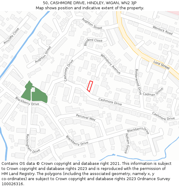 50, CASHMORE DRIVE, HINDLEY, WIGAN, WN2 3JP: Location map and indicative extent of plot