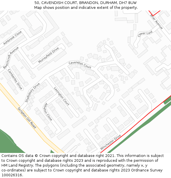 50, CAVENDISH COURT, BRANDON, DURHAM, DH7 8UW: Location map and indicative extent of plot
