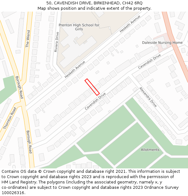 50, CAVENDISH DRIVE, BIRKENHEAD, CH42 6RQ: Location map and indicative extent of plot