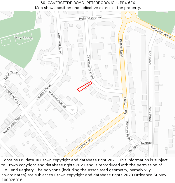 50, CAVERSTEDE ROAD, PETERBOROUGH, PE4 6EX: Location map and indicative extent of plot