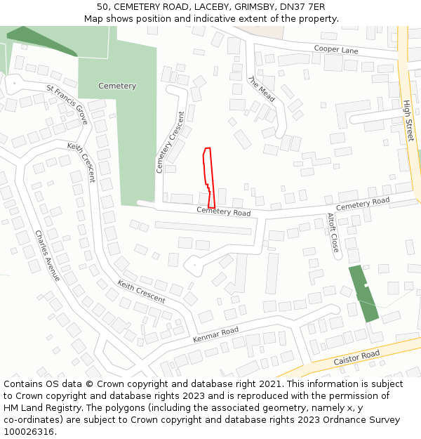 50, CEMETERY ROAD, LACEBY, GRIMSBY, DN37 7ER: Location map and indicative extent of plot