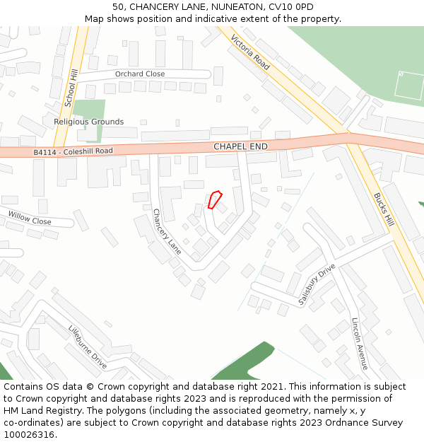 50, CHANCERY LANE, NUNEATON, CV10 0PD: Location map and indicative extent of plot