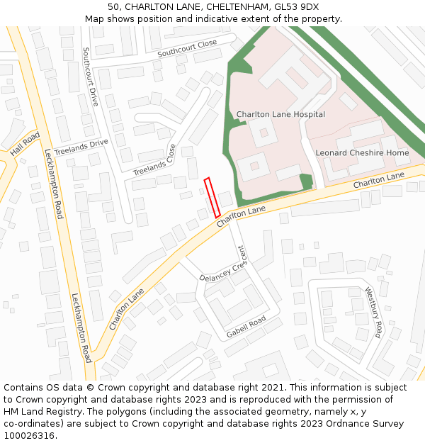50, CHARLTON LANE, CHELTENHAM, GL53 9DX: Location map and indicative extent of plot