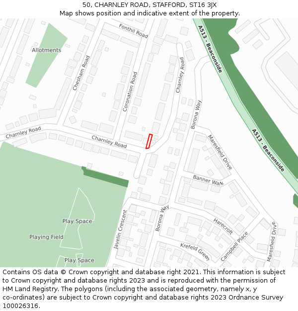 50, CHARNLEY ROAD, STAFFORD, ST16 3JX: Location map and indicative extent of plot