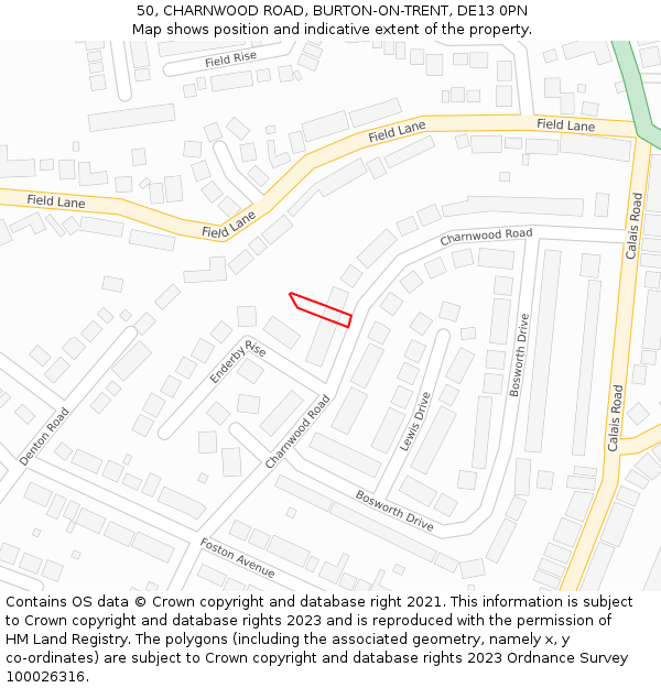 50, CHARNWOOD ROAD, BURTON-ON-TRENT, DE13 0PN: Location map and indicative extent of plot