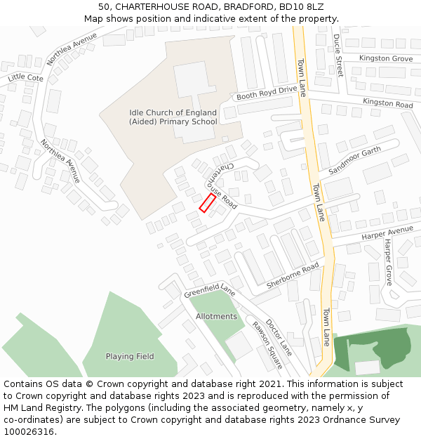 50, CHARTERHOUSE ROAD, BRADFORD, BD10 8LZ: Location map and indicative extent of plot