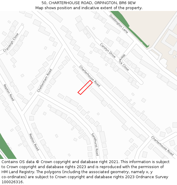 50, CHARTERHOUSE ROAD, ORPINGTON, BR6 9EW: Location map and indicative extent of plot