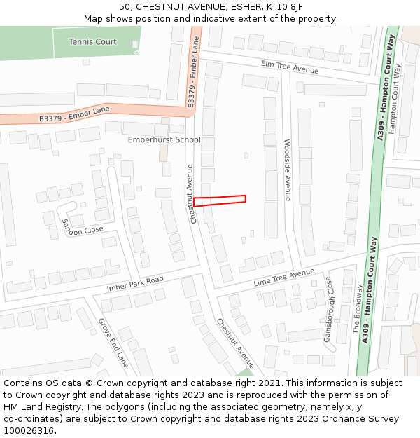 50, CHESTNUT AVENUE, ESHER, KT10 8JF: Location map and indicative extent of plot