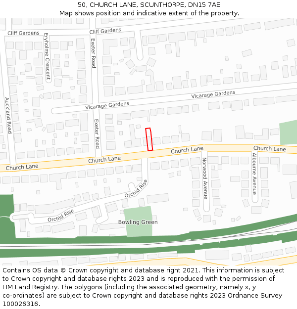 50, CHURCH LANE, SCUNTHORPE, DN15 7AE: Location map and indicative extent of plot