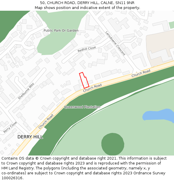50, CHURCH ROAD, DERRY HILL, CALNE, SN11 9NR: Location map and indicative extent of plot
