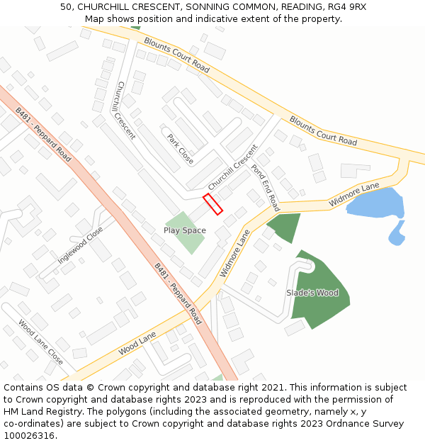 50, CHURCHILL CRESCENT, SONNING COMMON, READING, RG4 9RX: Location map and indicative extent of plot