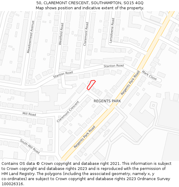 50, CLAREMONT CRESCENT, SOUTHAMPTON, SO15 4GQ: Location map and indicative extent of plot