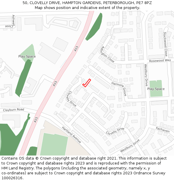 50, CLOVELLY DRIVE, HAMPTON GARDENS, PETERBOROUGH, PE7 8PZ: Location map and indicative extent of plot