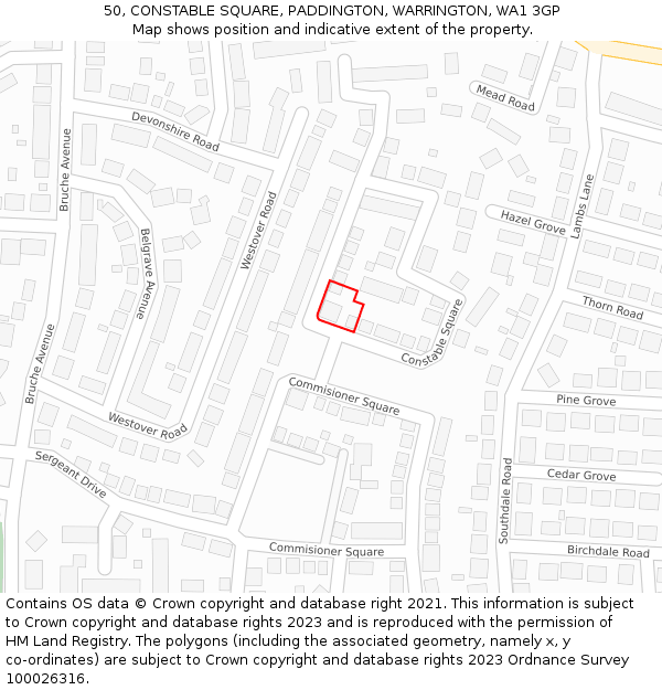50, CONSTABLE SQUARE, PADDINGTON, WARRINGTON, WA1 3GP: Location map and indicative extent of plot