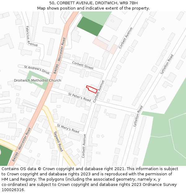 50, CORBETT AVENUE, DROITWICH, WR9 7BH: Location map and indicative extent of plot
