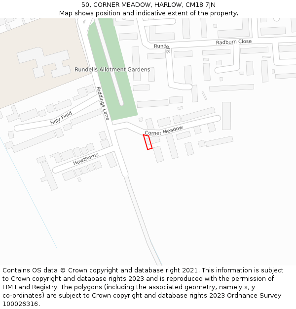 50, CORNER MEADOW, HARLOW, CM18 7JN: Location map and indicative extent of plot