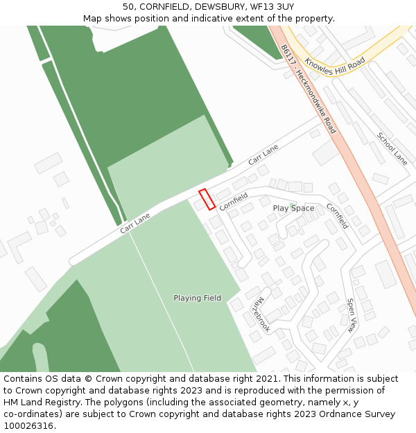 50, CORNFIELD, DEWSBURY, WF13 3UY: Location map and indicative extent of plot