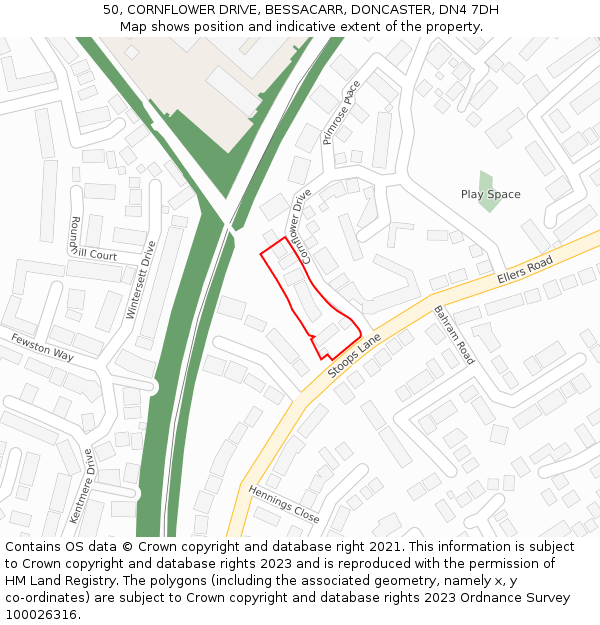 50, CORNFLOWER DRIVE, BESSACARR, DONCASTER, DN4 7DH: Location map and indicative extent of plot