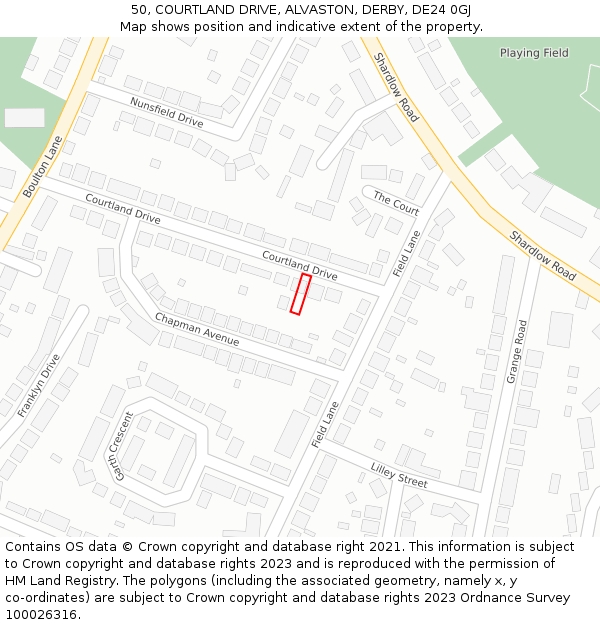 50, COURTLAND DRIVE, ALVASTON, DERBY, DE24 0GJ: Location map and indicative extent of plot