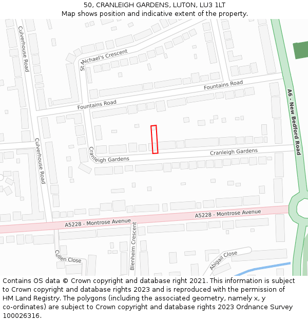 50, CRANLEIGH GARDENS, LUTON, LU3 1LT: Location map and indicative extent of plot