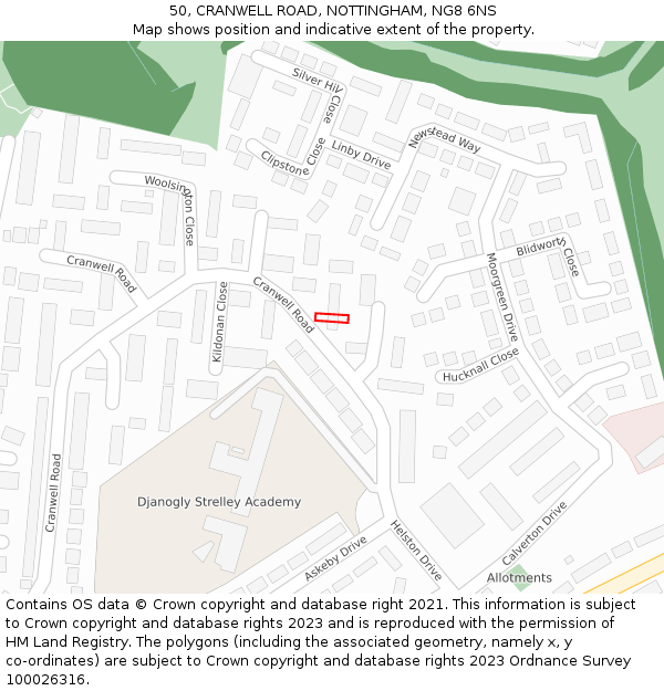 50, CRANWELL ROAD, NOTTINGHAM, NG8 6NS: Location map and indicative extent of plot