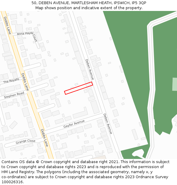 50, DEBEN AVENUE, MARTLESHAM HEATH, IPSWICH, IP5 3QP: Location map and indicative extent of plot