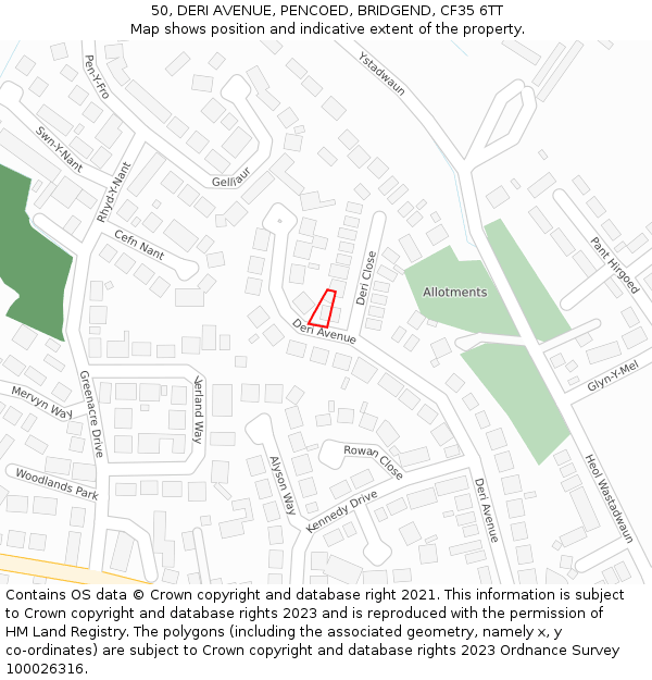 50, DERI AVENUE, PENCOED, BRIDGEND, CF35 6TT: Location map and indicative extent of plot