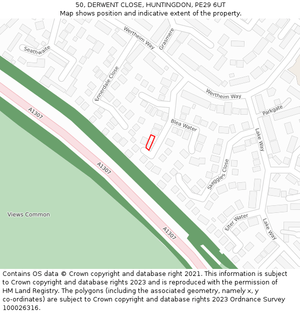 50, DERWENT CLOSE, HUNTINGDON, PE29 6UT: Location map and indicative extent of plot