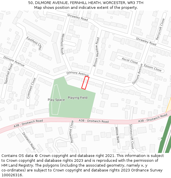 50, DILMORE AVENUE, FERNHILL HEATH, WORCESTER, WR3 7TH: Location map and indicative extent of plot