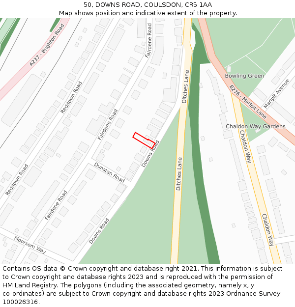 50, DOWNS ROAD, COULSDON, CR5 1AA: Location map and indicative extent of plot