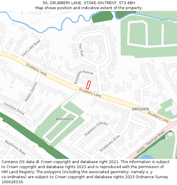 50, DRUBBERY LANE, STOKE-ON-TRENT, ST3 4BH: Location map and indicative extent of plot