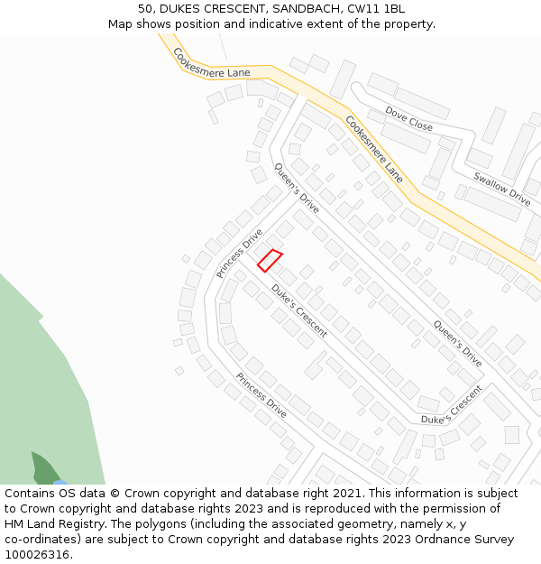50, DUKES CRESCENT, SANDBACH, CW11 1BL: Location map and indicative extent of plot