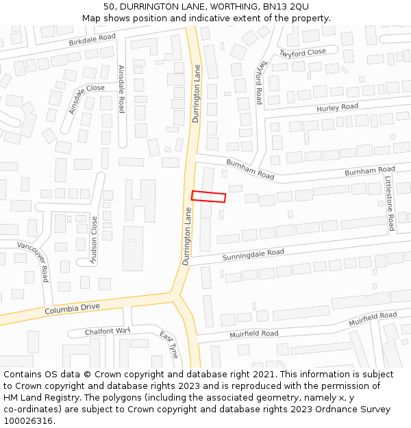 50, DURRINGTON LANE, WORTHING, BN13 2QU: Location map and indicative extent of plot
